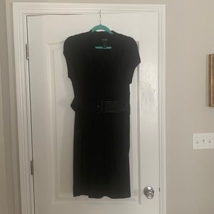 Black sleeveless dress with pockets and removable belt